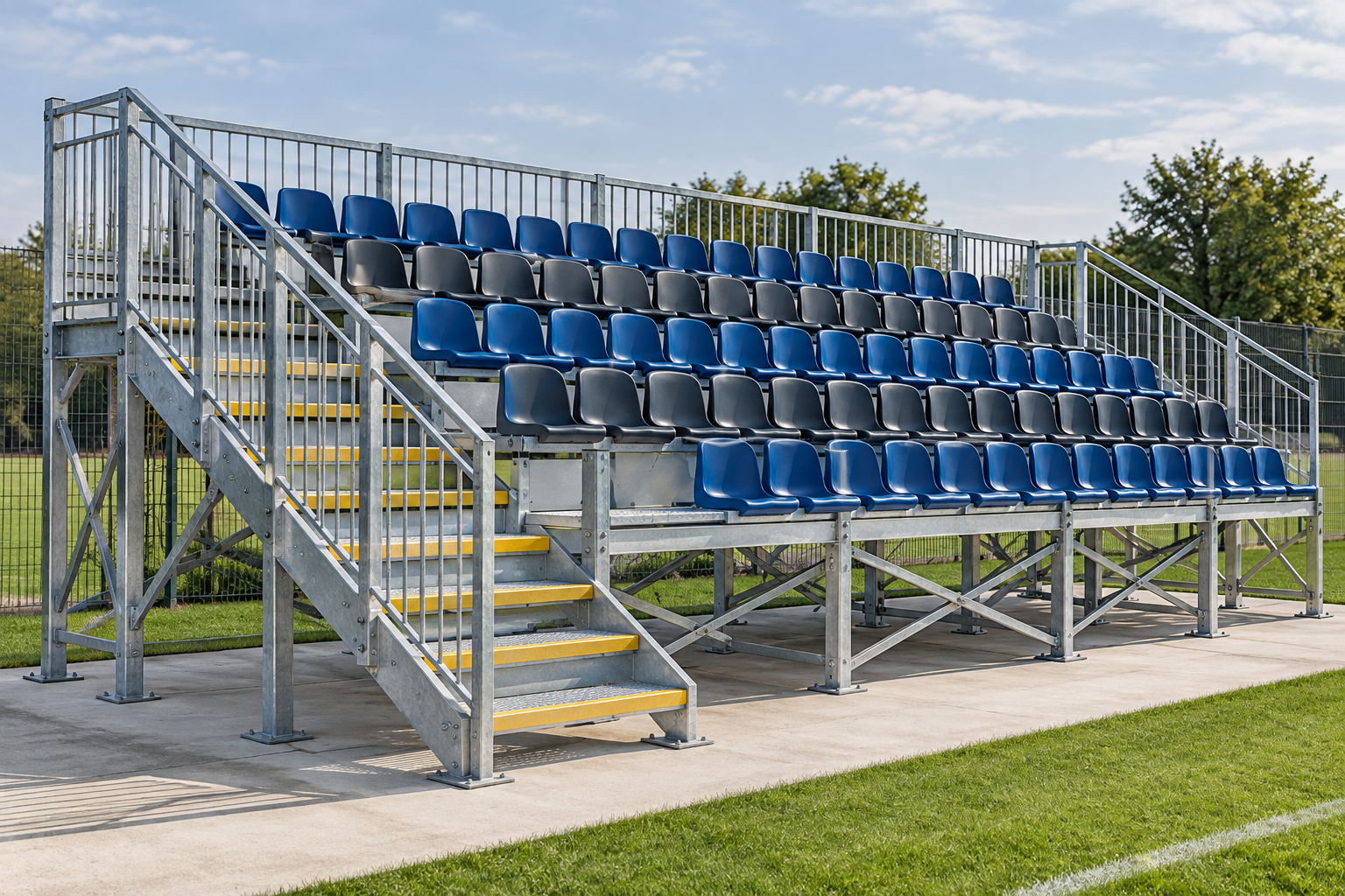 Ilustrație: structură metalică, balustrade și scară laterală la o tribună modulară